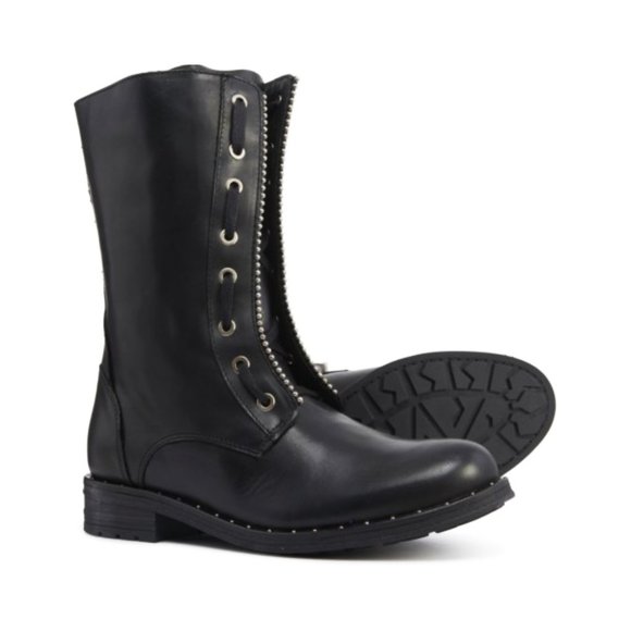 NEW Eric Michael Women Renee Ball Studded Trim Lace Up Mid Calf Combat Boot